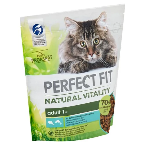 Perfect Fit Natural Vitality Adult 1+ macskaeledel lazaccal és fehérhúsú hallal 650g