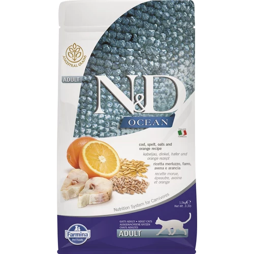 N&D Ocean Cat tőkehal,tönköly,zab&narancs Adult 1,5kg