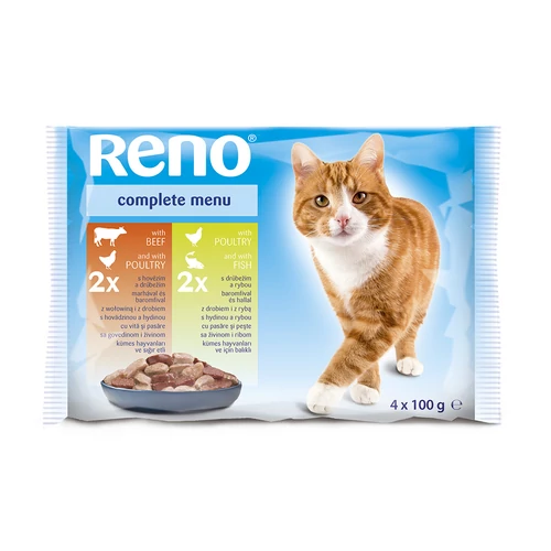 Reno Alutasakos Macskaeledel 4x100g Multipack (Baromfi-Marha, Baromfi-Hal)